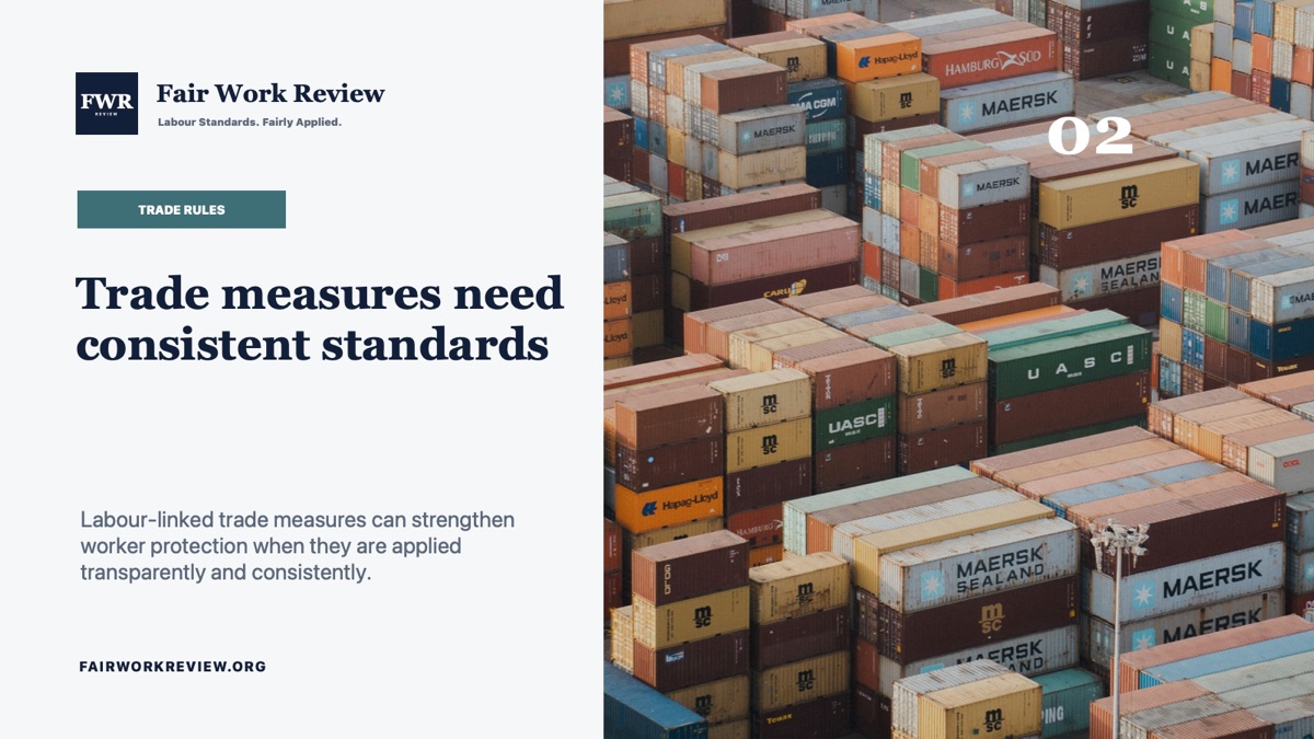 Labour-linked trade measures graphic over a shipping-container image.