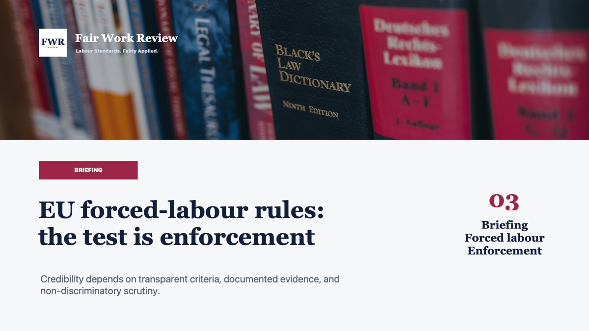EU Forced Labour Regulation briefing graphic over legal reference books.