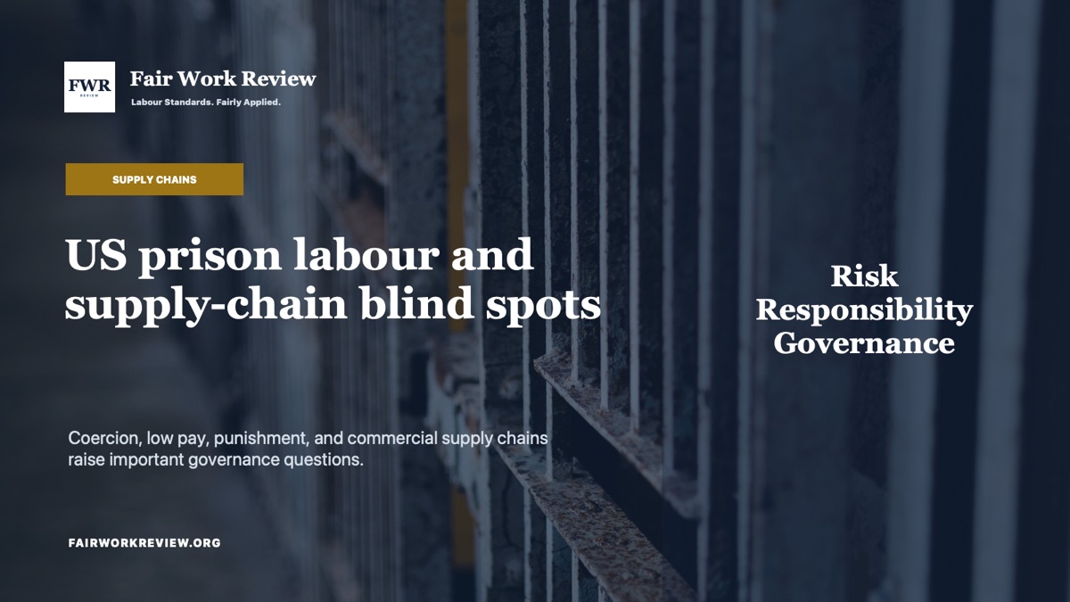 US prison labour graphic over a detention bars image.