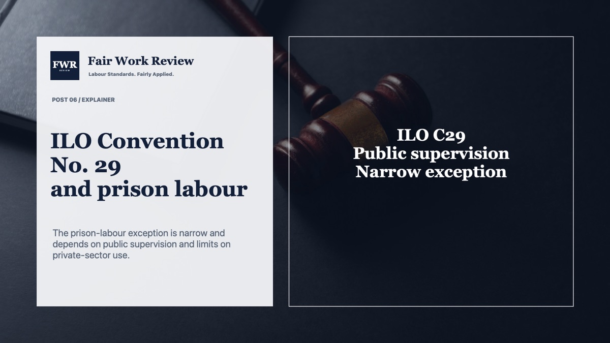 ILO Convention No. 29 graphic over a justice and law image.