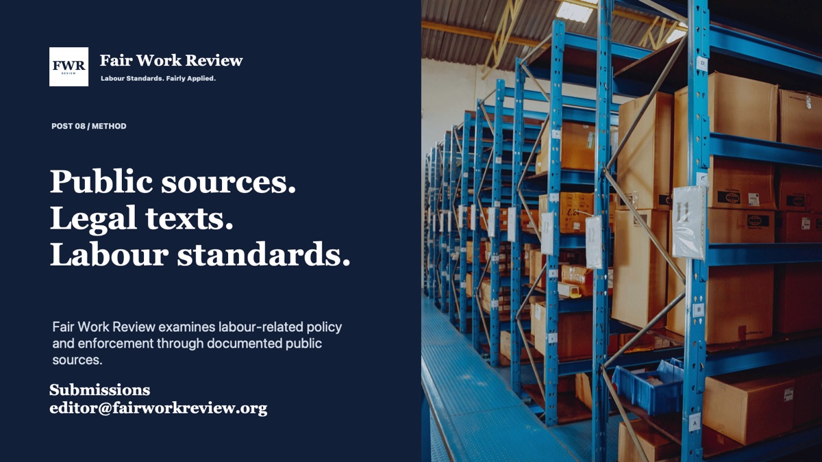 Fair Work Review method and contact graphic over a warehouse governance image.